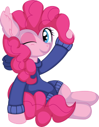 Size: 5742x7392 | Tagged: safe, artist:cyanlightning, derpibooru import, pinkie pie, earth pony, pony, .svg available, absurd resolution, clothes, female, hoodie, looking at you, mare, one eye closed, simple background, smiling, solo, transparent background, vector, wink