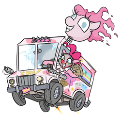 Size: 668x645 | Tagged: safe, artist:jargon scott, derpibooru import, pinkie pie, earth pony, pony, bag, clown, clown nose, female, grin, gun, hand puppet, ice cream truck, machine gun, mare, paper bag, red nose, simple background, smiling, solo, sweet tooth (twisted metal), truck, twisted metal, weapon, white background