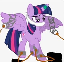 Size: 649x630 | Tagged: safe, derpibooru import, twilight sparkle, twilight sparkle (alicorn), alicorn, pony, bored, chains, cloth gag, damsel in distress, distressed, gag, help, help me, kidnapped, sad, upset, worried