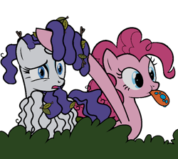 Size: 4000x3580 | Tagged: safe, derpibooru import, pinkie pie, rarity, earth pony, pony, unicorn, bridle gossip, :p, bush, duo, duo female, everfree forest, female, leaf, long hoof, rarara, simple background, tongue, tongue out, transparent background