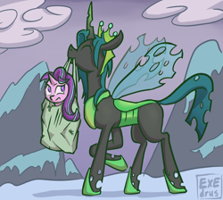 Size: 2616x2343 | Tagged: safe, artist:exedrus, derpibooru import, queen chrysalis, starlight glimmer, changeling, changeling queen, pony, unicorn, canterlot wedding 10th anniversary, the ending of the end, bag, cloud, duo, duo female, eyes closed, female, frown, happy, high res, insect wings, mare, mountain, mouth hold, prancing, raised hoof, raised leg, side view, signature, smiling, snow, spread wings, ultimate chrysalis, wings