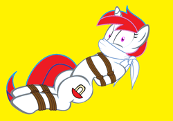 Size: 990x694 | Tagged: safe, artist:radiantrealm, derpibooru import, edit, oc, oc only, oc:shallow light, pony, unicorn, bondage, bound and gagged, cloth gag, damsel in distress, gag, over the nose gag, rope, simple background, solo, tied up, yellow background