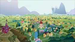 Size: 1813x1024 | Tagged: safe, alternate version, artist:hellswolfeh, derpibooru import, editor:nc-tv, .ai available, .svg available, apple, apple tree, background, canterlot, carousel boutique, fluttershy's cottage, high angle, mostly sunny, mountain, no pony, ponyville, ponyville schoolhouse, ponyville town hall, resource, river, scenery, svg, sweet apple acres, town, tree, vector, water, waterfall