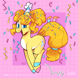 Size: 2500x2500 | Tagged: safe, artist:3ggmilky, derpibooru import, oc, oc only, earth pony, pony, birthday candles, confetti, hat, party hat, solo