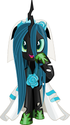 Size: 359x643 | Tagged: safe, anonymous artist, derpibooru import, queen chrysalis, changeling, changeling queen, canterlot wedding 10th anniversary, a canterlot wedding, .svg available, :d, clothes, dress, fangs, female, floral head wreath, flower, hoof shoes, horn, open mouth, open smile, raised hoof, raised leg, simple background, smiling, solo, svg, transparent background, vector, wedding dress