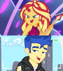 Size: 1067x1200 | Tagged: safe, derpibooru import, edit, edited screencap, screencap, flash sentry, sunset shimmer, best trends forever, equestria girls, equestria girls series, spring breakdown, spoiler:eqg series (season 2), animated, camera, electric guitar, female, flashimmer, guitar, male, musical instrument, one eye closed, shipping, shipping domino, straight, wink