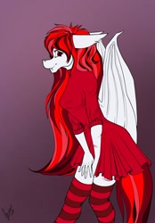 Size: 820x1180 | Tagged: safe, artist:stirren, derpibooru import, oc, anthro, bat pony, bat pony oc, clothes, commission, dress, ears back, long hair, looking at you, pose, red dress, simple background, skirt, socks, solo, striped socks, ych result, your character here