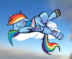 Size: 1176x969 | Tagged: safe, artist:yidwags, derpibooru exclusive, derpibooru import, firefly, rainbow dash, pegasus, pony, clothes, cloud, lying down, mismatched socks, on a cloud, on side, plushie, sitting, sitting on cloud, sky, sleeping, socks, solo, striped socks, wing hold, wings