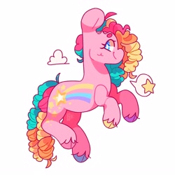 Size: 2800x2800 | Tagged: safe, artist:cocopudu, derpibooru import, earth pony, pony, g1, cloven hooves, hooves, multicolored hair, multicolored hooves, rainbow curl pony, simple background, smiling, solo, stripes (g1), white background, white pupils