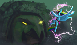 Size: 1368x800 | Tagged: safe, artist:yarugreat, derpibooru import, rainbow dash, turtle, bubble, eyepatch, feather, female, flowing mane, genshin impact, glowing, golden eyes, lightning, mare, ocean, open mouth, solo, spread wings, storm, sword, tabun art-battle, teeth, underwater, water, weapon, wings