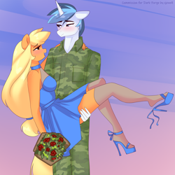 Size: 3000x3000 | Tagged: safe, artist:xjenn9, derpibooru import, applejack, shining armor, anthro, earth pony, unicorn, camouflage, carrying, clothes, commission, dress, female, high heels, infidelity, infidelity armor, male, shiningjack, shipping, shoe dangling, shoes, socks, straight, thigh highs