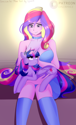 Size: 1779x2916 | Tagged: safe, artist:xjenn9, derpibooru import, dean cadance, princess cadance, twilight sparkle, twilight sparkle (alicorn), alicorn, pony, equestria girls, breasts, choker, clothes, commission, cross-popping veins, female, holding a pony, horn, looking at each other, looking at someone, mare, see-through, smol, socks, thigh highs, wings