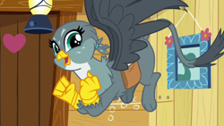 Size: 1280x720 | Tagged: safe, derpibooru import, screencap, gabby, griffon, season 6, the fault in our cutie marks, clubhouse, crusaders clubhouse, cute, female, gabbybetes, happy, solo, spread wings, wings