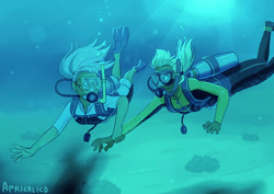 Size: 1280x905 | Tagged: artist needed, safe, derpibooru import, applejack, fluttershy, equestria girls, appleshy, female, lesbian, looking at each other, looking at someone, scuba diving, scuba gear, shipping, underwater