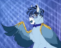 Size: 2877x2253 | Tagged: safe, artist:inisealga, derpibooru import, oc, oc only, oc:soaring spirit, pegasus, pony, abstract background, bowtie, cheek fluff, chest fluff, coat markings, colored tongue, colored wings, facial markings, folded wings, glasses, gradient background, male, mlem, multicolored hair, multicolored mane, multicolored wings, neck fluff, one eye closed, pegasus oc, silly, solo, spread wings, stallion, tongue, tongue out, wing brace, wings, wink