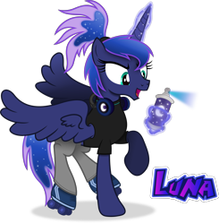 Size: 5301x5417 | Tagged: safe, artist:anime-equestria, derpibooru import, princess luna, alicorn, alternate hairstyle, clothes, graffiti, headphones, horn, levitation, magic, ponytail, roller skates, simple background, solo, spray can, spread wings, telekinesis, transparent background, wings