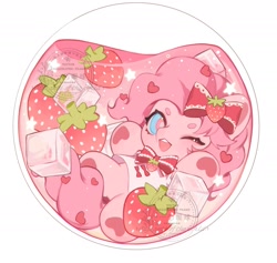 Size: 2023x1915 | Tagged: safe, artist:xieyanbbb, derpibooru import, pinkie pie, earth pony, pony, g4, bottle, bow, chibi, clothes, dress, floating, food, fruit, glass bottle, hair bow, ice cream, juice, liquid, orb, simple background, solo, strawberry, tiny, tiny ponies, white background