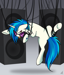 Size: 1200x1404 | Tagged: safe, artist:mechanakal, derpibooru import, dj pon-3, vinyl scratch, pony, unicorn, :p, angry, cable, crooked glasses, ears, featureless crotch, female, floppy ears, gradient background, mare, raised leg, solo, speaker, sunglasses, suspended, tangled up, tongue, tongue out, wires