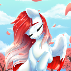 Size: 1500x1500 | Tagged: safe, artist:nika-rain, derpibooru import, oc, oc only, oc:making amends, pegasus, pony, cherry blossoms, commission, cute, female, flower, flower blossom, sky, solo, ych result