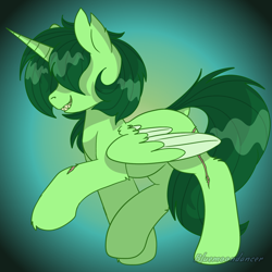 Size: 1640x1639 | Tagged: safe, artist:bluemoon, derpibooru import, oc, alicorn, pony, fallout equestria, female, green alicorn (fo:e), grin, mare, smiling, solo, solo female