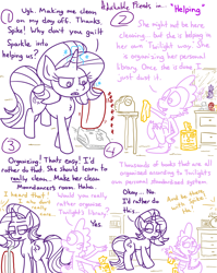 Size: 4779x6013 | Tagged: safe, artist:adorkabletwilightandfriends, derpibooru import, moondancer, spike, starlight glimmer, dragon, pony, unicorn, comic:adorkable twilight and friends, adorkable, adorkable friends, butt, carpet, clean, cleaning, clock, comic, complaining, cute, dork, feet, glowing, glowing horn, grumpy, homestar runner, horn, humor, magic, mirror, plot, reference, reflection, sitting on tail, slice of life, strong bad, strong sad, tail, telekinesis, the cheat, towel, vacuum, vacuum cleaner, whining