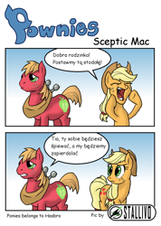 Size: 800x1126 | Tagged: safe, artist:stallivo, derpibooru import, applejack, big macintosh, earth pony, pony, apple family reunion, 2 panel comic, comic, duo, polish, translated in the description, vulgar, yelling