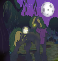 Size: 1024x1080 | Tagged: safe, artist:tanukfox, derpibooru import, oc, oc only, oc:vermont black, earth pony, pony, rabbit, animal, clothes, forest, glowing, glowing eyes, male, moon, night, phi, scarf, solo, stallion