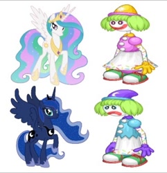 Size: 419x434 | Tagged: safe, derpibooru import, princess celestia, princess luna, alicorn, pony, clown, flipline studios, happy, papa louie's franchise, royal sisters, sad, siblings, simple background, sisters, sprinks the clown, white background