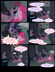 Size: 1042x1358 | Tagged: safe, artist:dendoctor, derpibooru import, mean twilight sparkle, pinkie pie, twilight sparkle, twilight sparkle (alicorn), alicorn, earth pony, pony, comic:clone.., alternate universe, clone, clothes, comic, crying, female, pinkie clone, rain