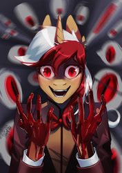 Size: 1280x1811 | Tagged: safe, artist:charlot, derpibooru import, oc, oc only, oc:missklang, anthro, pony, unicorn, anthro oc, blood, bloody hands, glowing, glowing eyes, insanity, solo