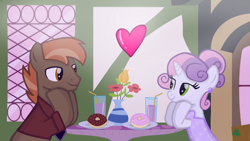 Size: 1280x720 | Tagged: safe, artist:mlplary6, derpibooru import, button mash, sweetie belle, earth pony, pony, unicorn, clothes, date, donut, dress, drink, female, flower, food, heart, looking at each other, looking at someone, male, mare, older, older button mash, older sweetie belle, shipping, smiling, smiling at each other, stallion, straight, sweetiemash