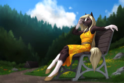 Size: 6000x4000 | Tagged: safe, artist:mykegreywolf, derpibooru import, oc, oc only, anthro, unguligrade anthro, absurd resolution, anthro oc, barely pony related, bench, clothes, dress, female, forest, mare, shoes, sitting, socks, solo