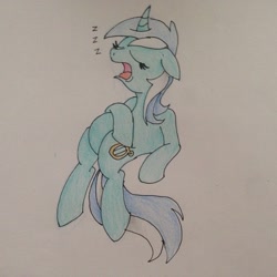 Size: 1279x1279 | Tagged: safe, artist:machacapigeon, lyra heartstrings, pony, unicorn, februpony, female, simple background, sitting, sitting lyra, sleeping, solo, traditional art, zzz