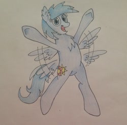 Size: 1280x1261 | Tagged: safe, artist:machacapigeon, oc, oc:sunny blues, pegasus, pony, februpony, female, flapping wings, fluffy, flying, open mouth, solo, traditional art