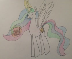 Size: 1280x1064 | Tagged: safe, artist:machacapigeon, princess celestia, alicorn, pony, cake, cakelestia, eating, februpony, female, magic, simple background, solo, traditional art, wings extended