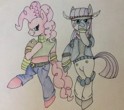 Size: 1280x1130 | Tagged: safe, artist:machacapigeon, maud pie, pinkie pie, earth pony, pony, semi-anthro, caesar zeppeli, clothes, crossover, duo, februpony, female, gloves, jojo pose, jojo's bizarre adventure, joseph joestar, scarf, simple background, traditional art