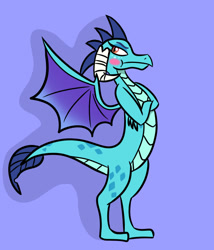 Size: 600x700 | Tagged: safe, artist:machacapigeon, princess ember, dragon, blue background, blushing, crossed arms, februpony, female, horns, simple background, solo, wings