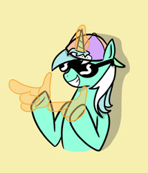 Size: 600x700 | Tagged: safe, artist:machacapigeon, lyra heartstrings, pony, unicorn, baseball cap, februpony, female, finger guns, hat, magic, simple background, smile, solo, sunglasses, yellow background