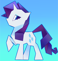 Size: 1026x1084 | Tagged: safe, artist:relighted, derpibooru import, rarity, pony, unicorn, angular, female, gradient background, mare, minimalist, raised hoof, raised leg, solo