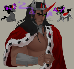 Size: 640x591 | Tagged: safe, artist:ghoulhowls, derpibooru import, king sombra, human, pony, armor, beard, cape, clothes, crown, dark skin, facial hair, horn, horned humanization, humanized, jewelry, looking at you, male, muscles, nudity, partial nudity, regalia, simple background, solo, sombra eyes, stallion, stupid sexy sombra, topless