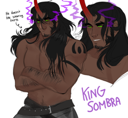 Size: 640x591 | Tagged: safe, artist:ghoulhowls, derpibooru import, king sombra, human, beard, belt, clothes, facial hair, grin, horn, horned humanization, humanized, muscles, nudity, pants, partial nudity, simple background, smiling, solo, sombra eyes, tattoo, topless, white background