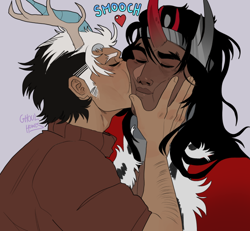 Size: 640x591 | Tagged: safe, artist:ghoulhowls, derpibooru import, discord, king sombra, human, cheek squish, clothes, coat, crown, dark skin, eyes closed, gay, holding head, horn, horned humanization, humanized, jewelry, kiss on the cheek, kissing, male, regalia, shipping, signature, simple background, smooch, sombracord, squishy cheeks, sweater