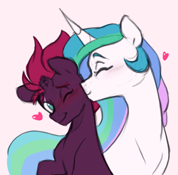 Size: 2048x2017 | Tagged: safe, artist:chub-wub, derpibooru import, princess celestia, tempest shadow, alicorn, pony, unicorn, blushing, broken horn, crack shipping, duo, duo female, eye scar, female, floating heart, heart, horn, kiss on the cheek, kissing, lesbian, mare, one eye closed, scar, shipping, simple background, white background