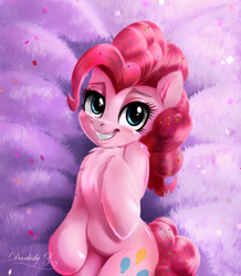 Size: 1772x2029 | Tagged: safe, artist:darksly, derpibooru import, pinkie pie, earth pony, pony, bedroom eyes, body pillow, body pillow design, chest fluff, confetti, cute, diapinkes, female, grin, mare, smiling, solo