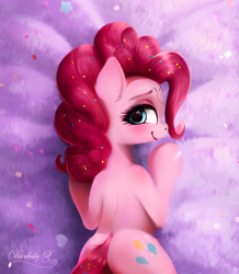 Size: 1772x2029 | Tagged: safe, artist:darksly, derpibooru import, pinkie pie, earth pony, pony, balloonbutt, bedroom eyes, blushing, body pillow, body pillow design, butt, confetti, cute, diapinkes, female, mare, plot, solo