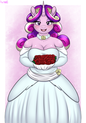 Size: 2500x3557 | Tagged: safe, artist:an-tonio, derpibooru import, princess cadance, alicorn, anthro, canterlot wedding 10th anniversary, bouquet, breasts, cleavage, clothes, dress, female, flower, looking at you, open mouth, open smile, princess cansdance, rose, smiling, solo, wedding dress