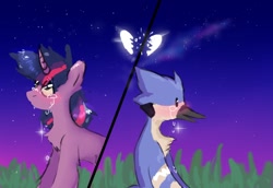 Size: 778x534 | Tagged: safe, artist:greatsunflow42, derpibooru import, twilight sparkle, aeroplanes and meteor showers, crossover, crossover shipping, female, male, meme, mordecai, mordetwi, redraw mordetwi meme, regular show, shipping, straight
