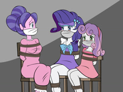 Size: 1280x956 | Tagged: safe, artist:reimon-master-ii, derpibooru import, cookie crumbles, rarity, sweetie belle, equestria girls, big breasts, blushing, bondage, bound and gagged, breasts, busty cookie crumbles, cloth gag, clothes, equestria girls-ified, female, gag, mother and child, mother and daughter, nightgown, over the nose gag, pajamas, parent and child, rope, ropes, sleep mask, tied to chair, tied up, trio, worried
