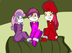 Size: 1280x933 | Tagged: safe, artist:reimon-master-ii, derpibooru import, apple bloom, scootaloo, sweetie belle, equestria girls, bondage, bound and gagged, cloth gag, clothes, cutie mark crusaders, footed sleeper, footie pajamas, gag, hat, looking at someone, looking at you, nightcap, onesie, over the nose gag, pajamas, sleeping bag, sleepover, slumber party, tied up, trio