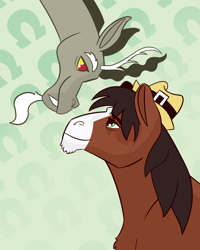 Size: 2400x3000 | Tagged: safe, derpibooru import, discord, trouble shoes, draconequus, earth pony, pony, crack shipping, duo, duo male, eyebrows, eyebrows visible through hair, gay, high res, looking at each other, looking at someone, male, shipping, smiling, smiling at each other, stallion